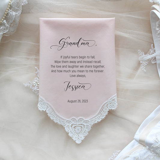 Grandma Wedding Gift, Grandma of the Bride custom wedding handkerchief, wedding favor, Personalize. FCAC[36]