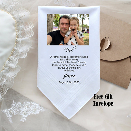 Father of the Bride, custom PRINTED wedding handkerchief with PHOTO option, a father holds his daughter, Dad Gift, Personalized. MS2FCHA[55]