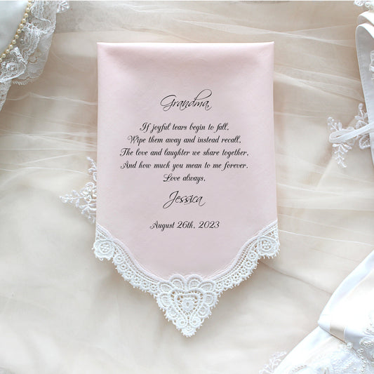 Grandma Wedding Gift, Grandma of the Bride custom wedding handkerchief, wedding favor, Personalize.