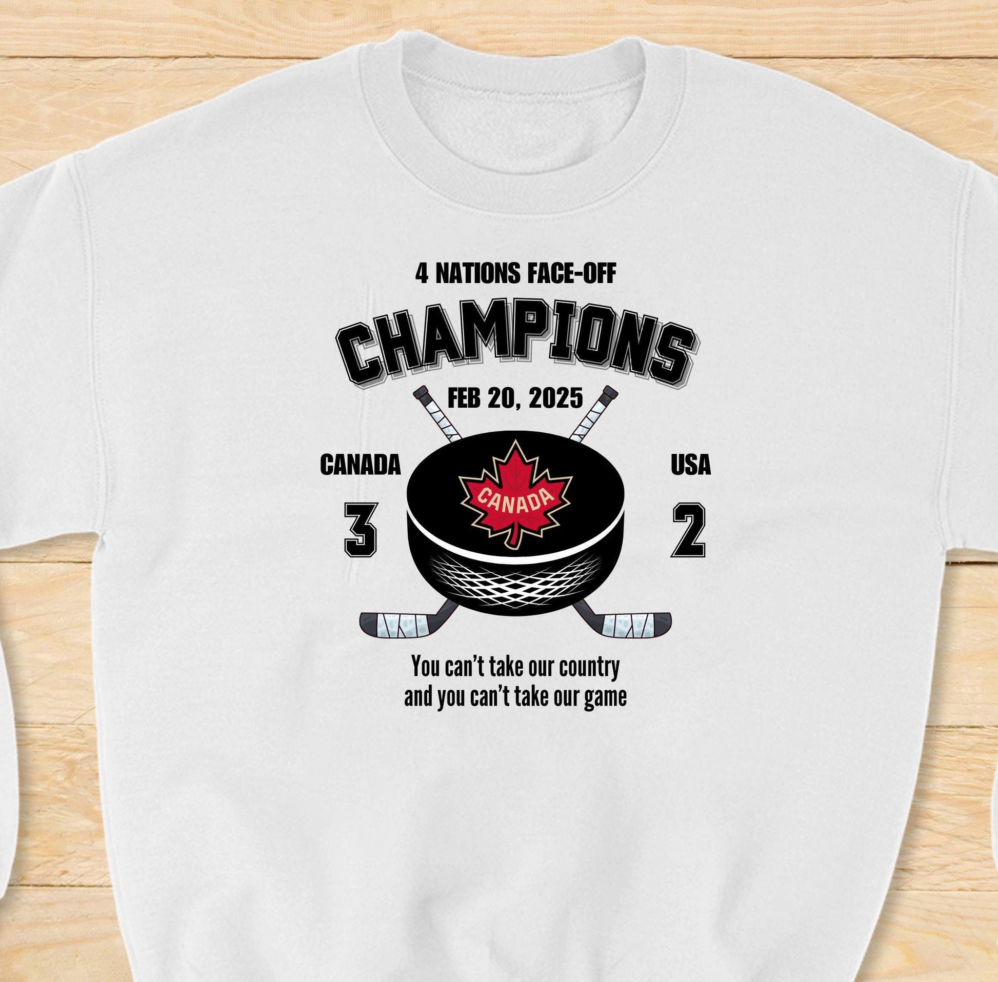 buy canadian sweater celebrating Canada hockey team wins the 4 nations face-off championship february 20th, 2025 with a 3-2 score favoring Canada