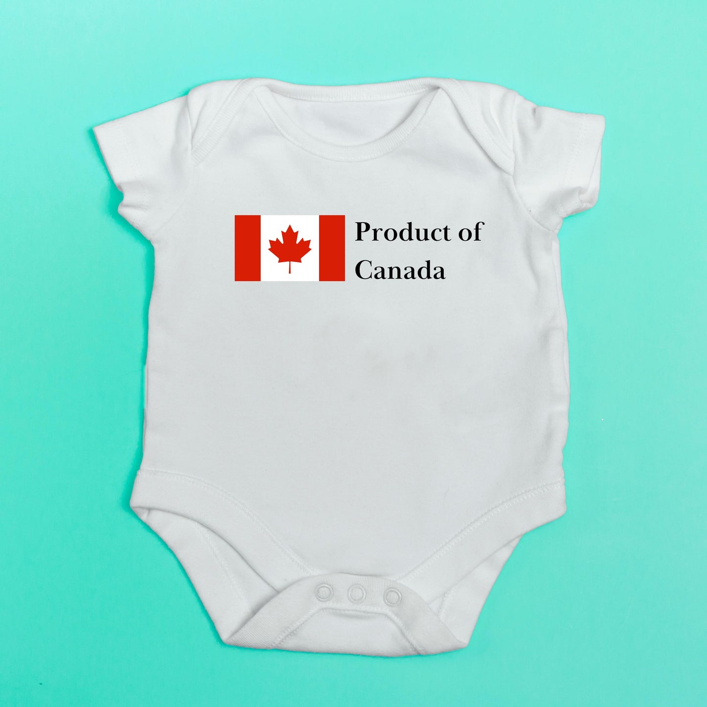 Product of canada baby bodysuit in white.  Canadians to show patriotism for Canada. Canadians unite against Trump&#39;s Tariffs 2025.  Buy Canadian baby products